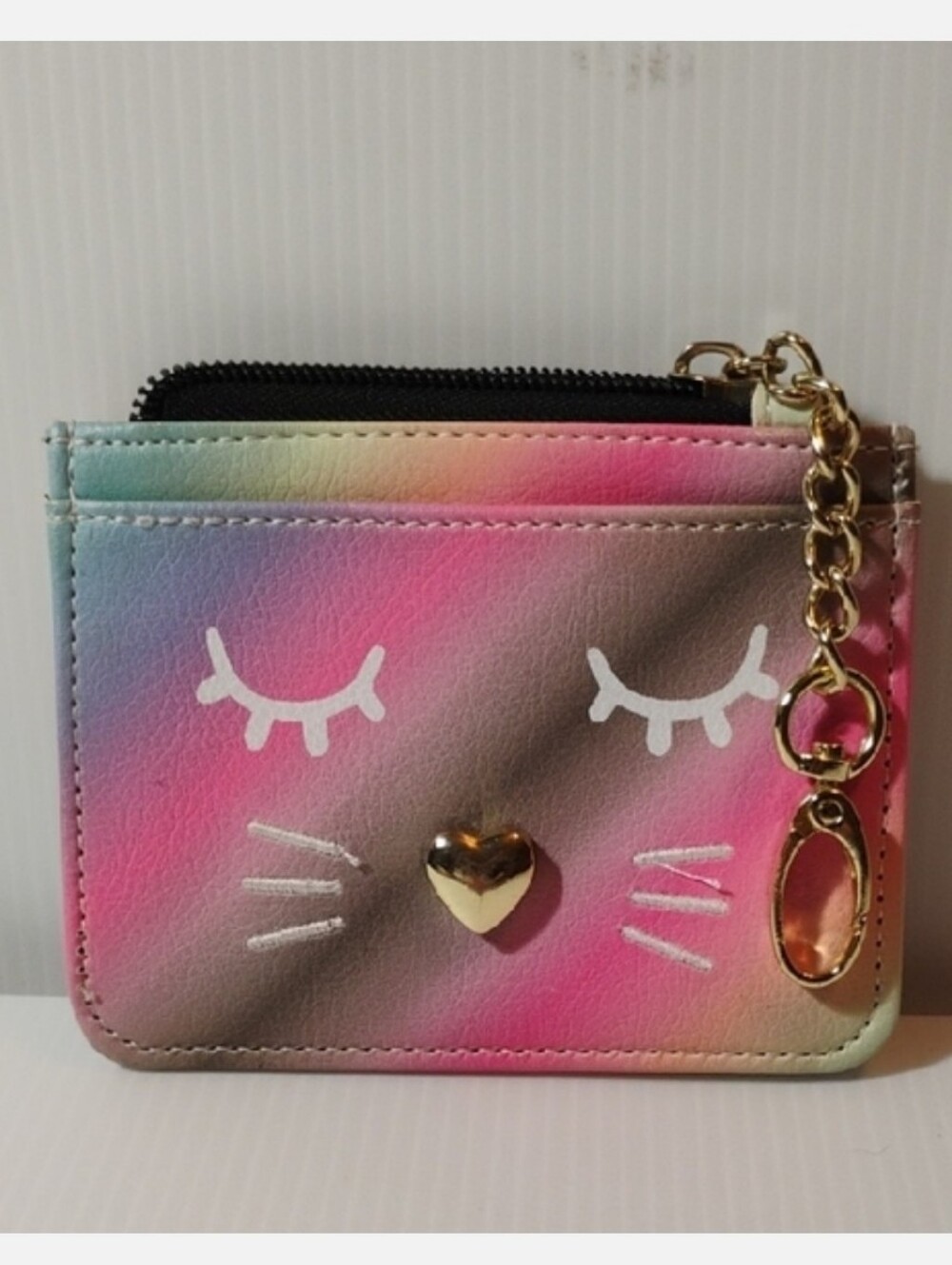 Betsey Johnson Rainbow Cat Cardholder Wallet with Gold Clip